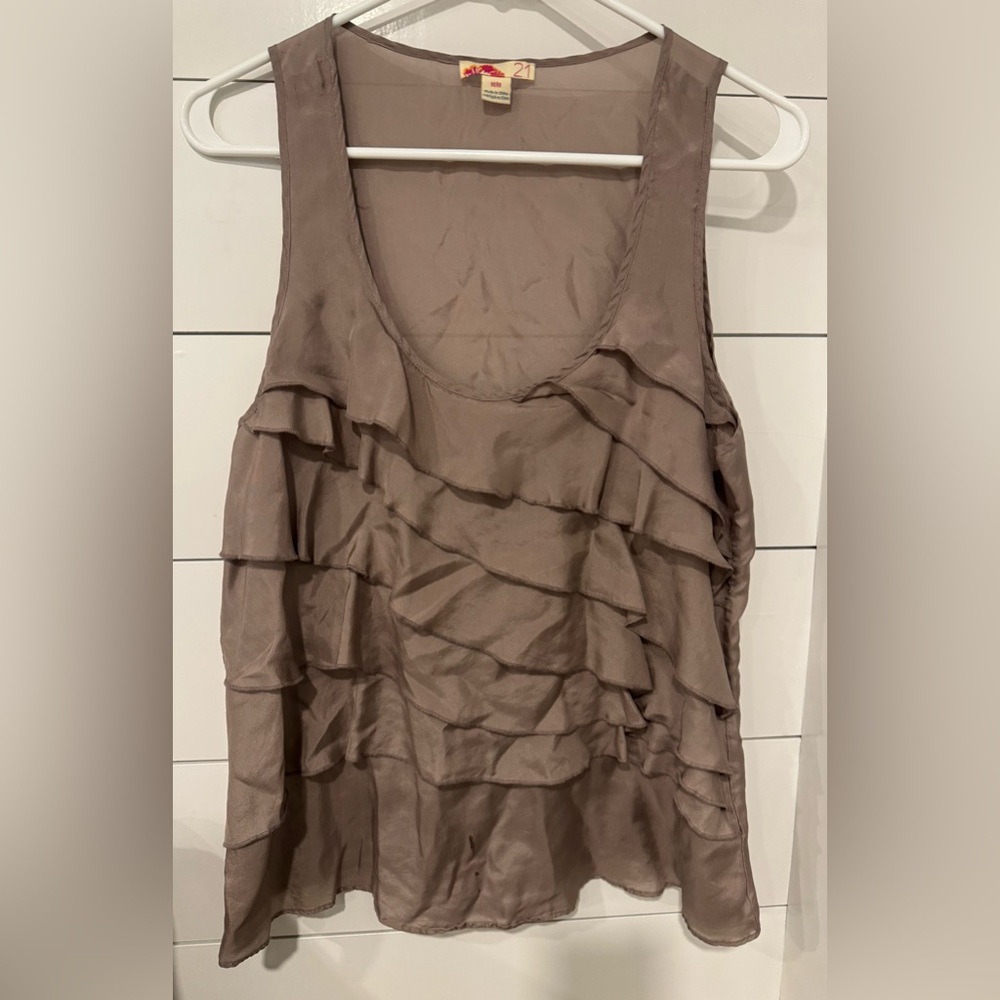 Women's Ruffled Sleeveless Silk Top - Brown